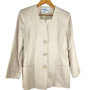 Vintage Oleg Cassini 80s Power Suit Jacket Blazer Size 10P Beige w Shoulder Pads